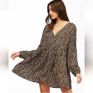 Billabong On the Way Babydoll Dress Button Down Long Sleeve V Neck size Small